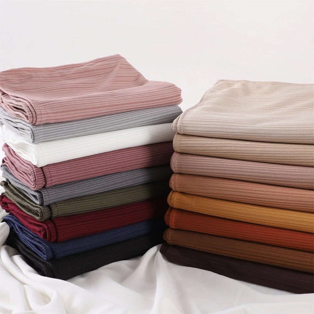 Fashion Elastic Ribbed Jersey Hijabs Solid Color Stripes Lightweight Thin Headscarf Muslim Women Soft Scarf Headwrap Long Shawl