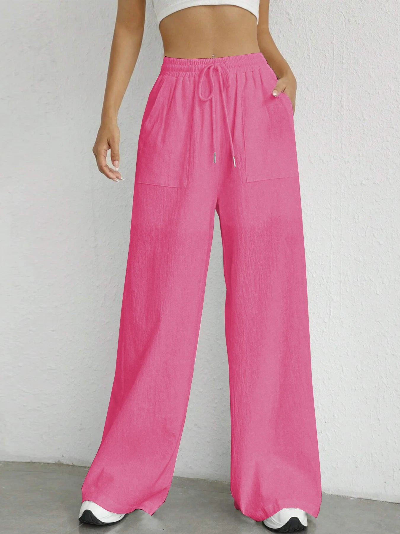 Solid Drawstring Wide Leg Pants, Casual Elastic Waist Slant Pocket Pants For Spring & Summer, Women's Clothing