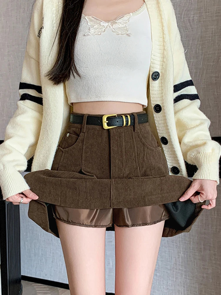 2024 Autumn and Winter Mini Pleated Skirt Women Fashion Streetwear A-line Skater Kawaii Skirts With Belt Korean School Girl Saia