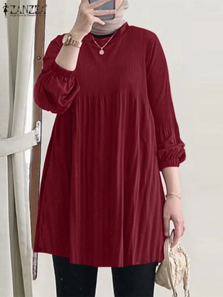 Muslim Islamic Pleated Long Blouses Women Autumn Long Sleeve O Neck Casual Blusas Mujer Fashion Solid Color Tunic Tops