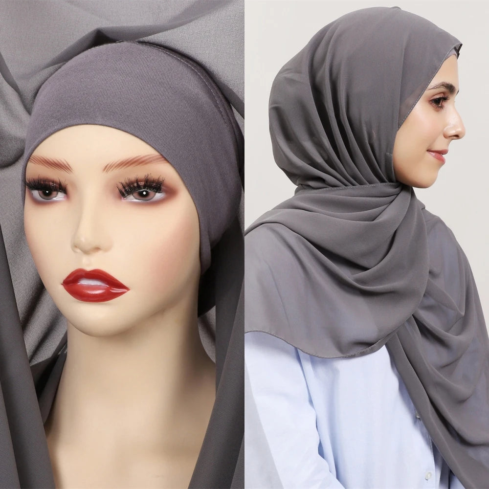 2024 New Hot Sale Premium Instant Chiffon Hijab Wrap With Bulit-in Magnets Solid Color Muslim Women Scarf Shawl with Undercap