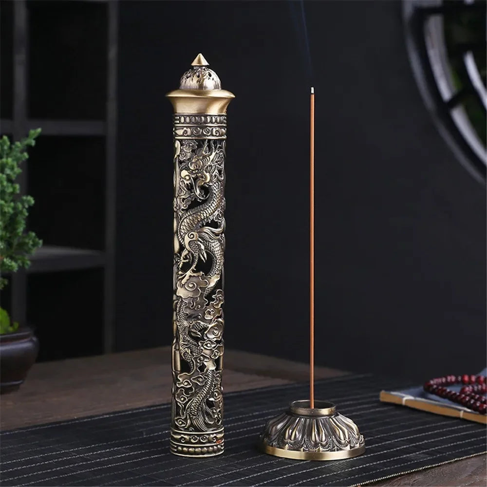 Retro Vertical Incense Burner Buddha Heart Sutra Dragon Phoenix Pillar Metal Incense Stick Home Office Ceremony Decoration