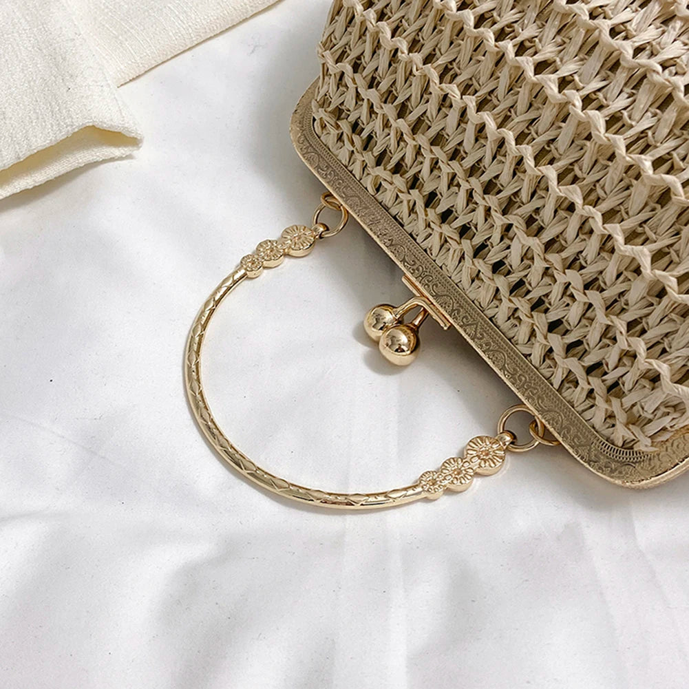 Summer Beach Straw Bags Exquisite Gold Chain Party Banquet Purse Hand Woven Handbag Female Clutch Bag Shoulder Crossbody Bags