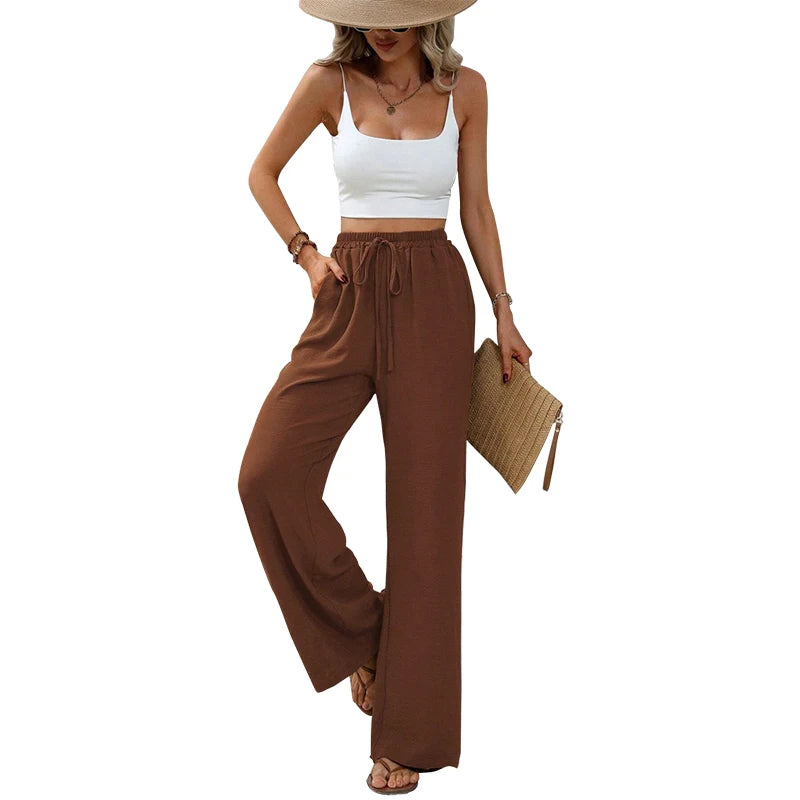 Women's Plain Pocket Tie Front Elastic Waist Straight Leg Pants, Casual High Waist Wide Leg Trousers for Daily Wear, Baggy Pants