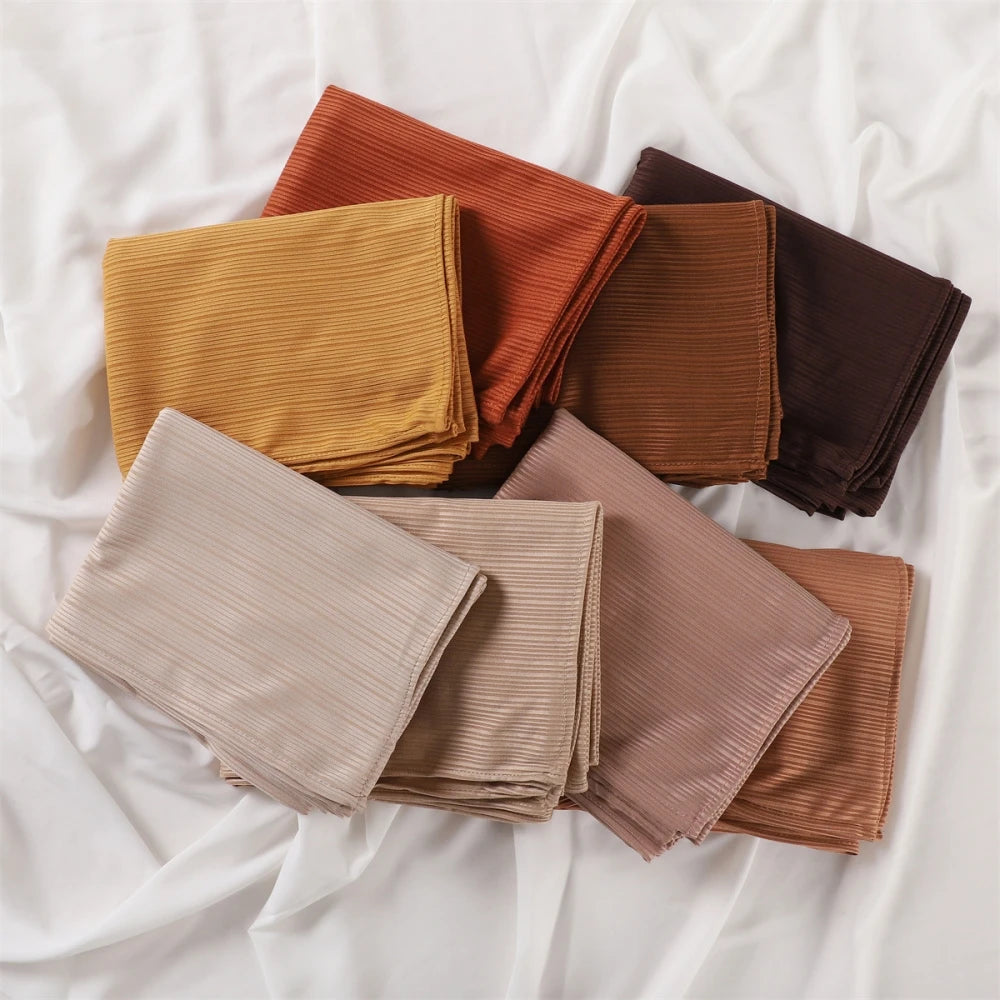 Fashion Elastic Ribbed Jersey Hijabs Solid Color Stripes Lightweight Thin Headscarf Muslim Women Soft Scarf Headwrap Long Shawl