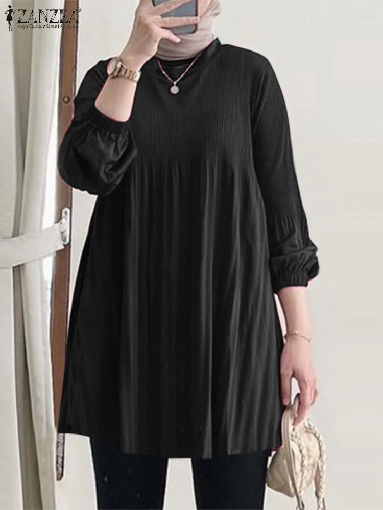 Muslim Islamic Pleated Long Blouses Women Autumn Long Sleeve O Neck Casual Blusas Mujer Fashion Solid Color Tunic Tops
