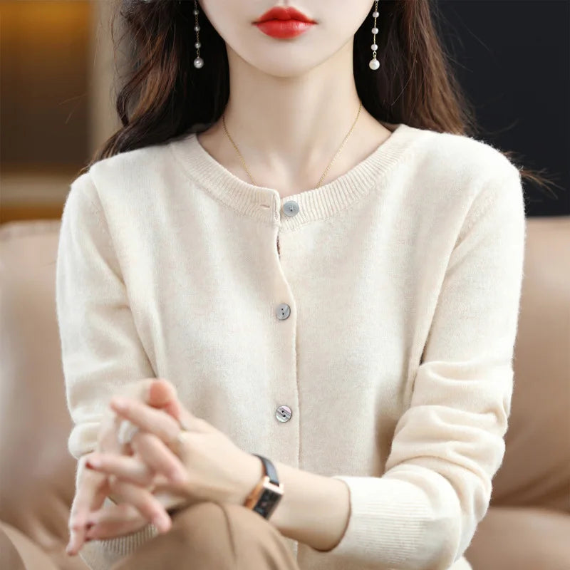 Women's Sweater 2024 New Knitted Cardigan Early Spring Crewneck Sweater Women's Long-sleeved Solid Color All-match Jacket