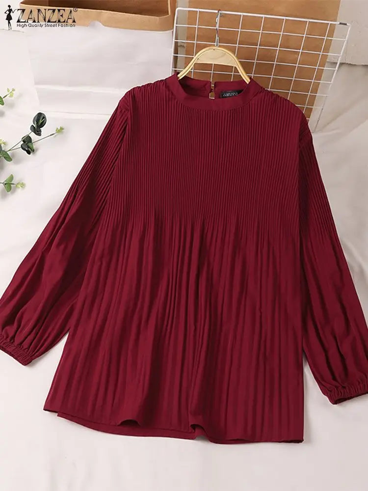 Muslim Islamic Pleated Long Blouses Women Autumn Long Sleeve O Neck Casual Blusas Mujer Fashion Solid Color Tunic Tops