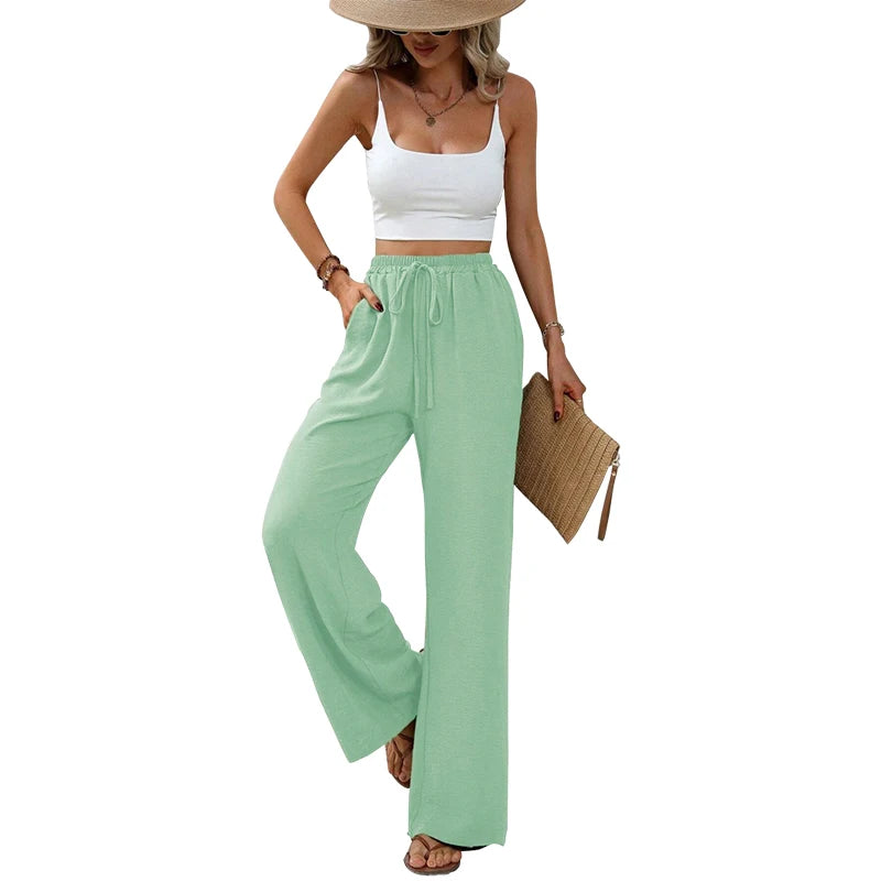 Women's Plain Pocket Tie Front Elastic Waist Straight Leg Pants, Casual High Waist Wide Leg Trousers for Daily Wear, Baggy Pants
