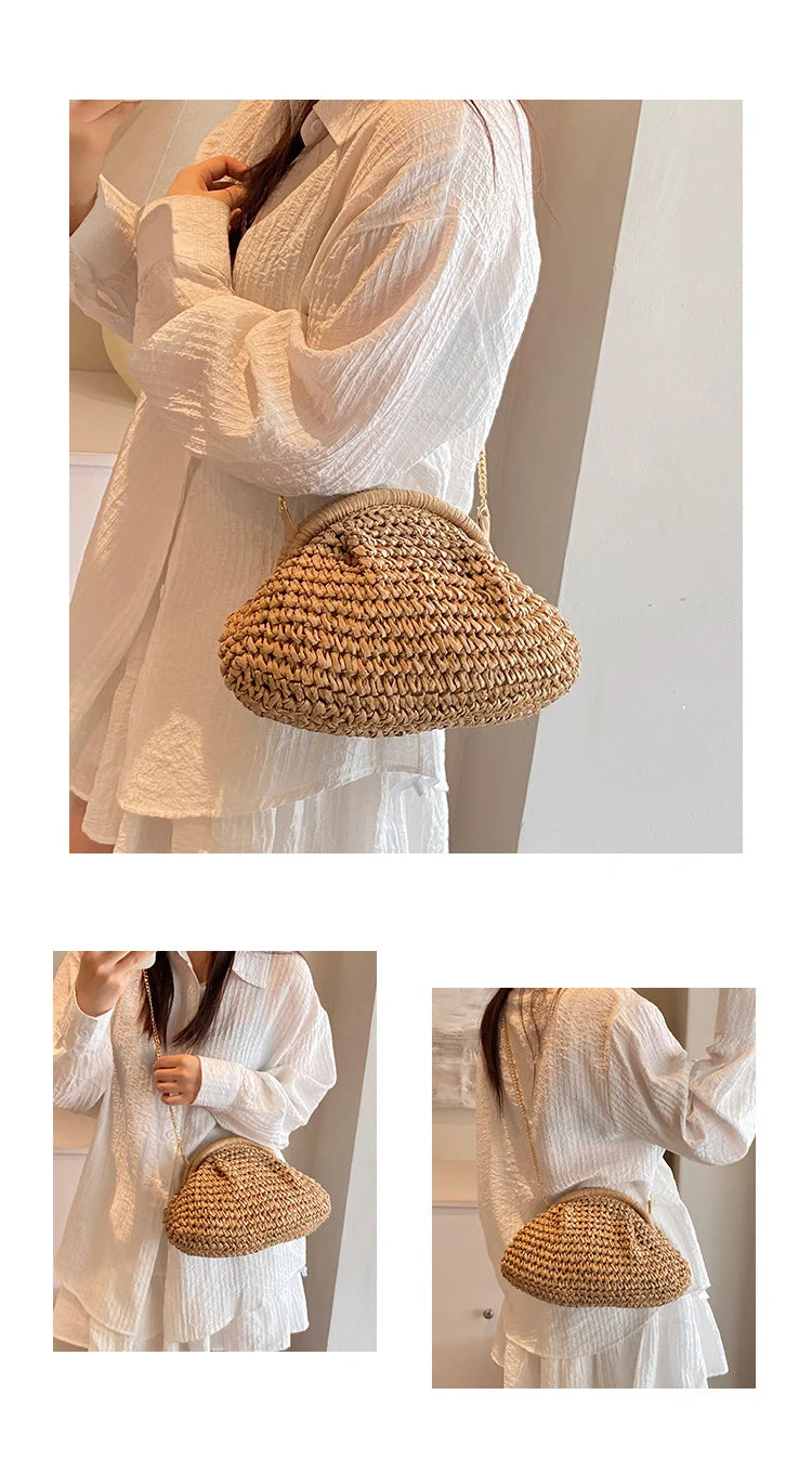 2024 Summer New Straw Weaving Crossbody Bag Fashionable and Casual Shell Bag Women's Shoulder Bag with Excellent Texture