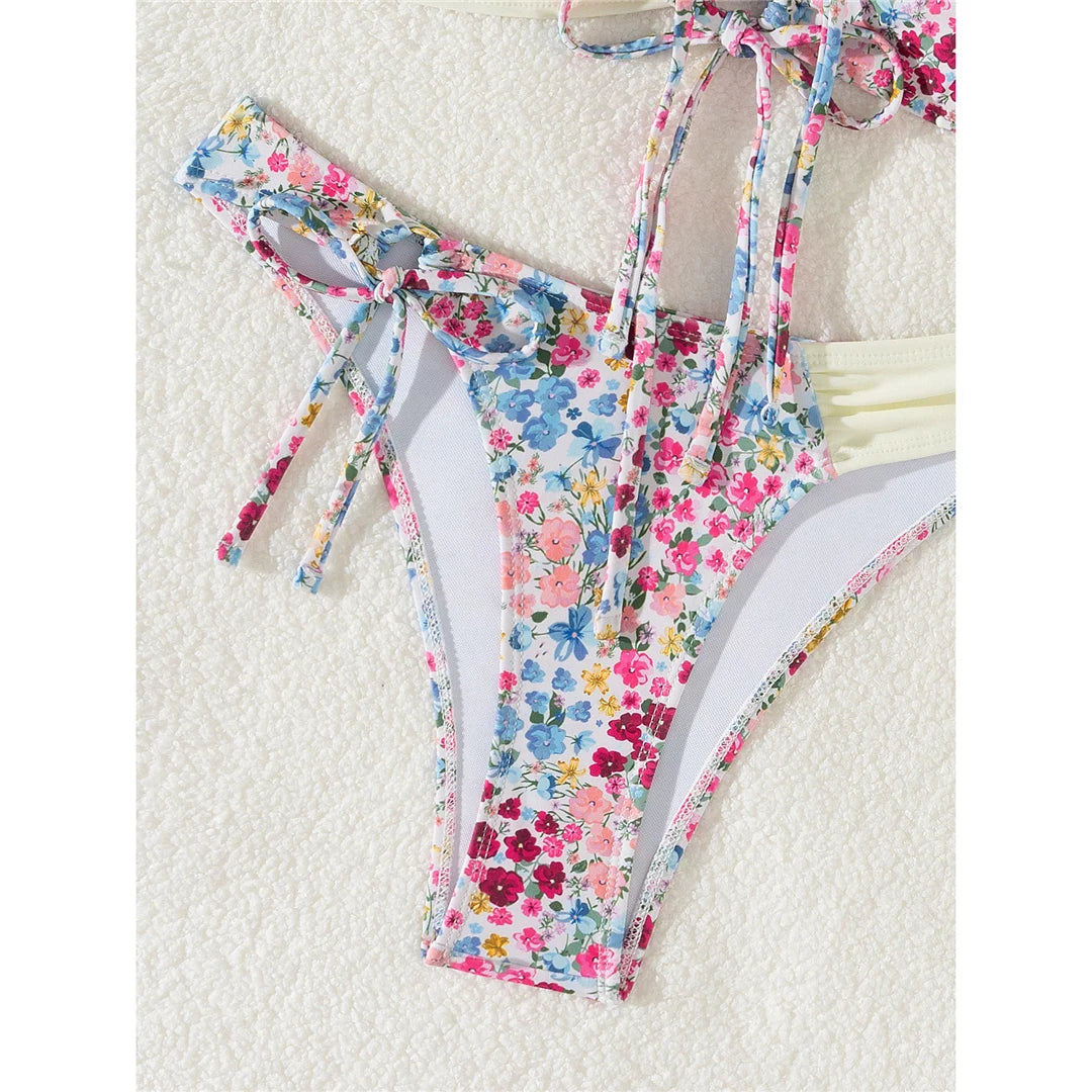 Sexy Flowers Printed Bandeau Splicing Bikini Women Swimwear Female Swimsuit Two-pieces Bikini set Bather Bathing Suit Swim V6029