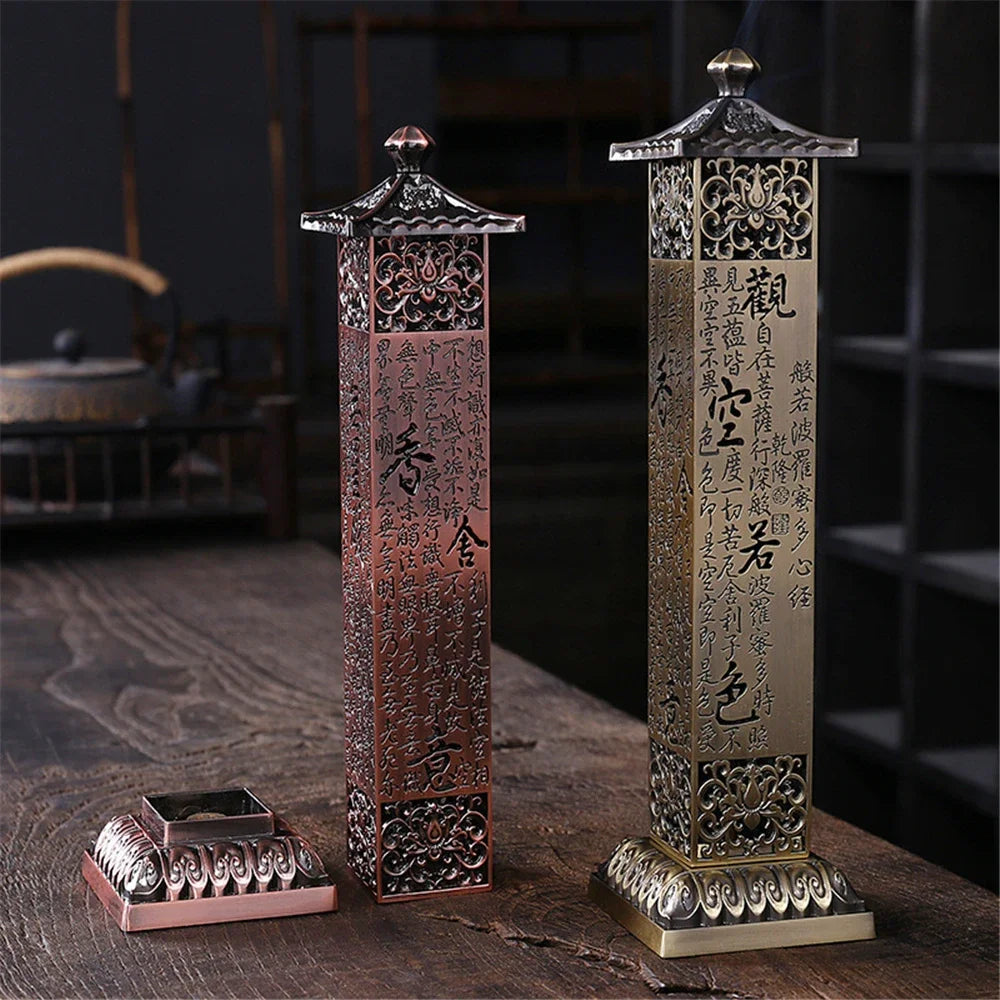 Retro Vertical Incense Burner Buddha Heart Sutra Dragon Phoenix Pillar Metal Incense Stick Home Office Ceremony Decoration