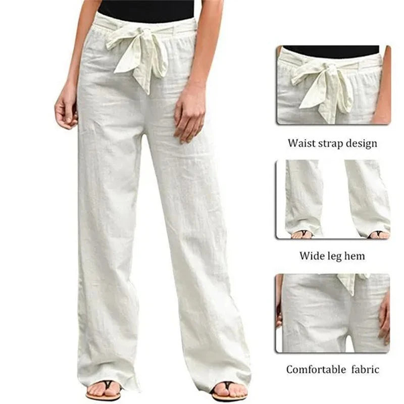 2024 Women Cotton Linen Pants Summer Fashion Elastic Waist Loose Straight Pants Female Casual Solid Color Ankle-length Trousers