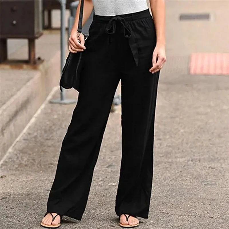 2024 Women Cotton Linen Pants Summer Fashion Elastic Waist Loose Straight Pants Female Casual Solid Color Ankle-length Trousers