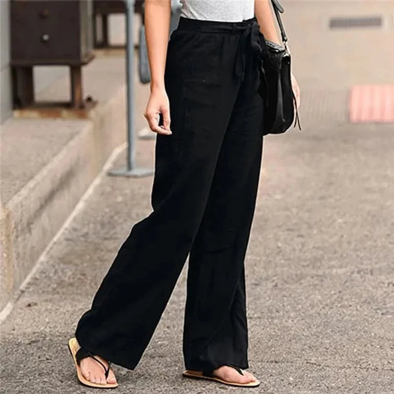 2024 Women Cotton Linen Pants Summer Fashion Elastic Waist Loose Straight Pants Female Casual Solid Color Ankle-length Trousers