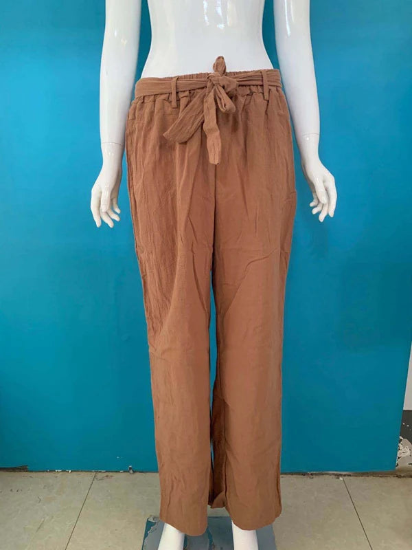 2024 Women Cotton Linen Pants Summer Fashion Elastic Waist Loose Straight Pants Female Casual Solid Color Ankle-length Trousers