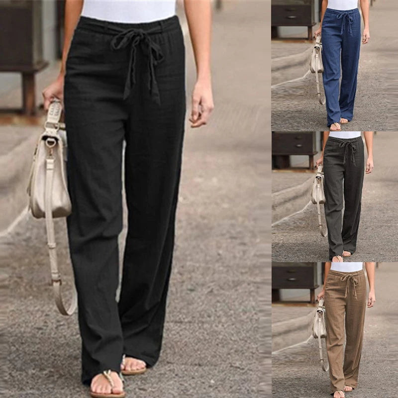 2024 Women Cotton Linen Pants Summer Fashion Elastic Waist Loose Straight Pants Female Casual Solid Color Ankle-length Trousers