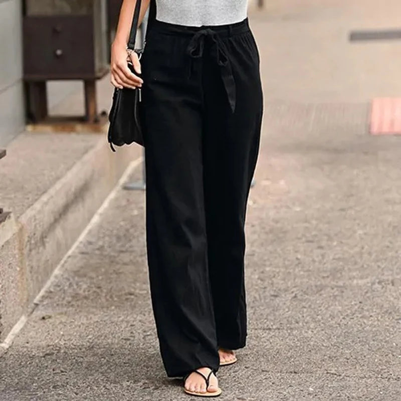 2024 Women Cotton Linen Pants Summer Fashion Elastic Waist Loose Straight Pants Female Casual Solid Color Ankle-length Trousers