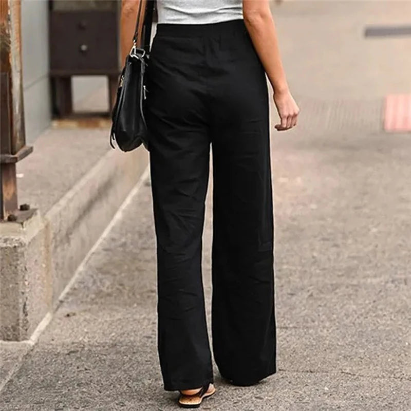 2024 Women Cotton Linen Pants Summer Fashion Elastic Waist Loose Straight Pants Female Casual Solid Color Ankle-length Trousers