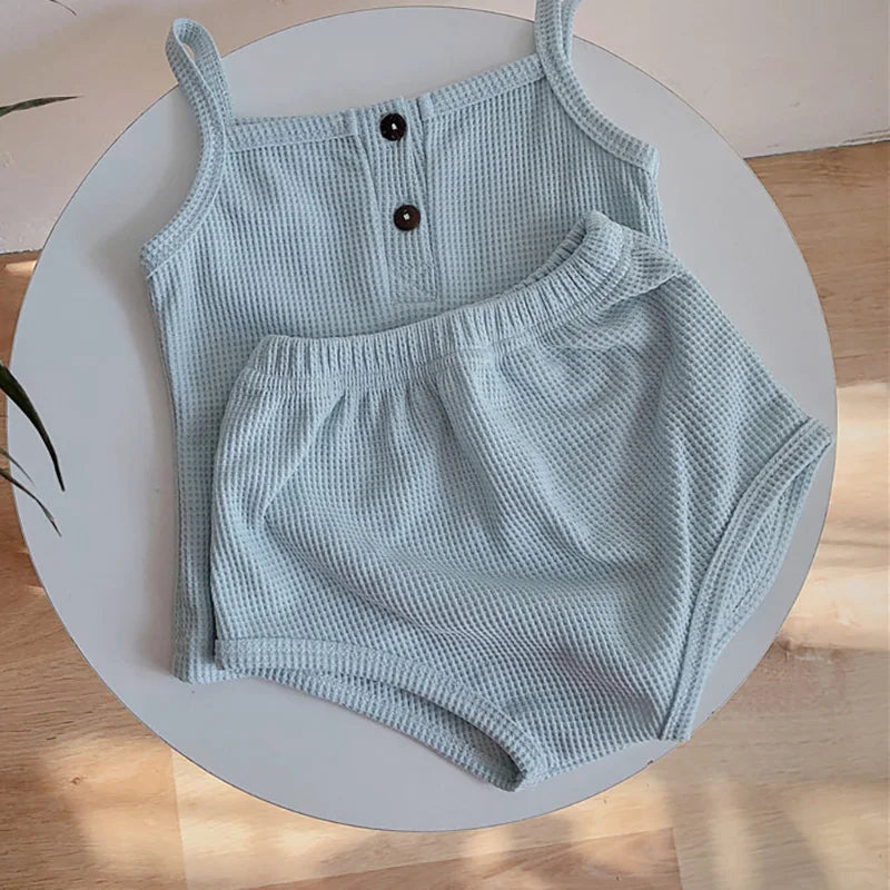 Summer Infant Baby Clothing Set Solid Waffle Boys Girls Vest and Bloomer 2 Pcs Toddler Outfit