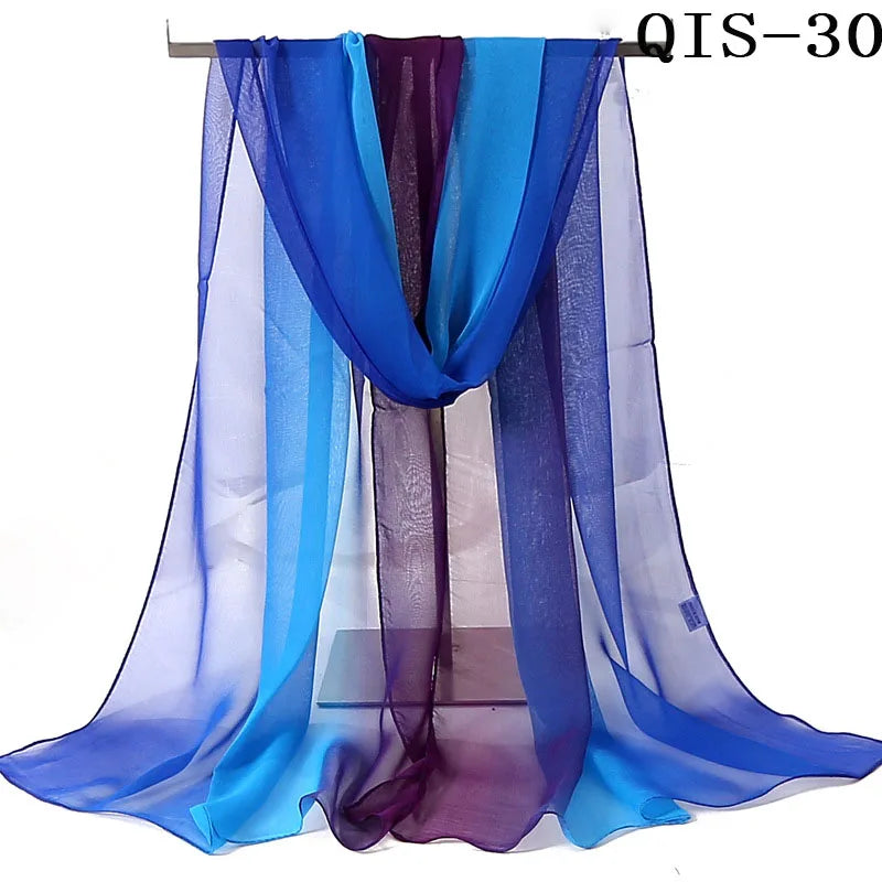 Women Foulard Gradient Solid Color Chiffon Georgette Scarf Bandana Elegant Long Shawl Hijab Summer Sun Protection