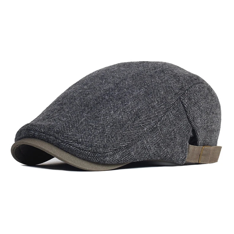 Big Size Newsboy Cap Men Winter Wool Thick Warm Vintage Herringbone Casual Stripe Berets Gatsby Flat Hat Peaked Cap Adjustable