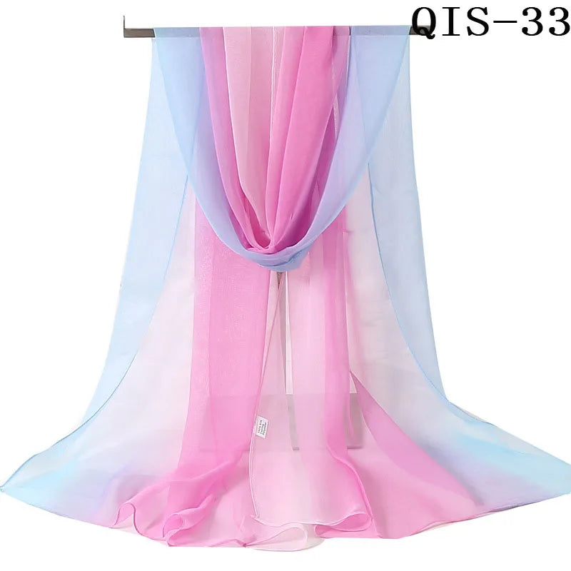 Women Foulard Gradient Solid Color Chiffon Georgette Scarf Bandana Elegant Long Shawl Hijab Summer Sun Protection