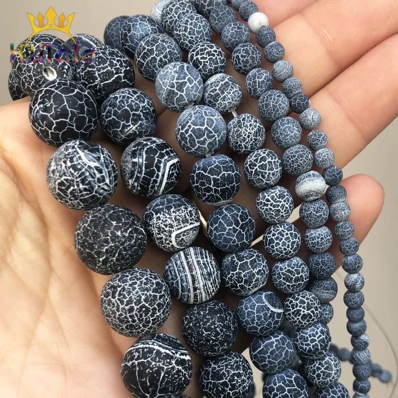 Round Frost Cracked Black Crab Agates Beads Natural Loose Beads For Jewelry Making DIY Bracelets Necklaces 15'' 4/6/8/10/12mm