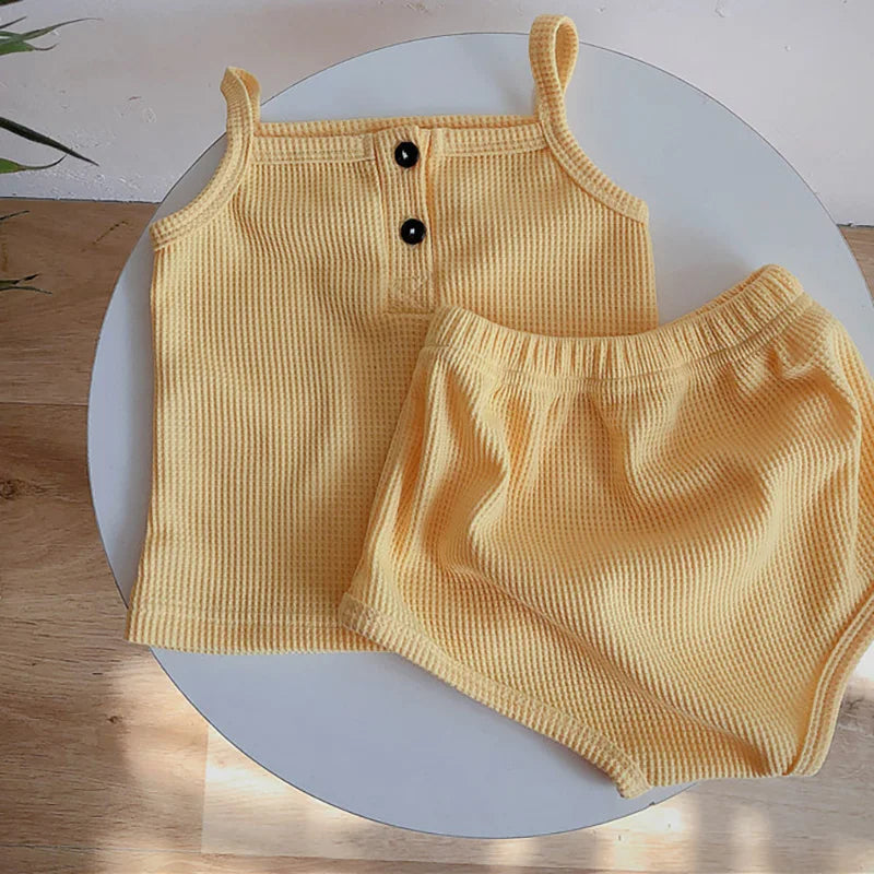 Summer Infant Baby Clothing Set Solid Waffle Boys Girls Vest and Bloomer 2 Pcs Toddler Outfit