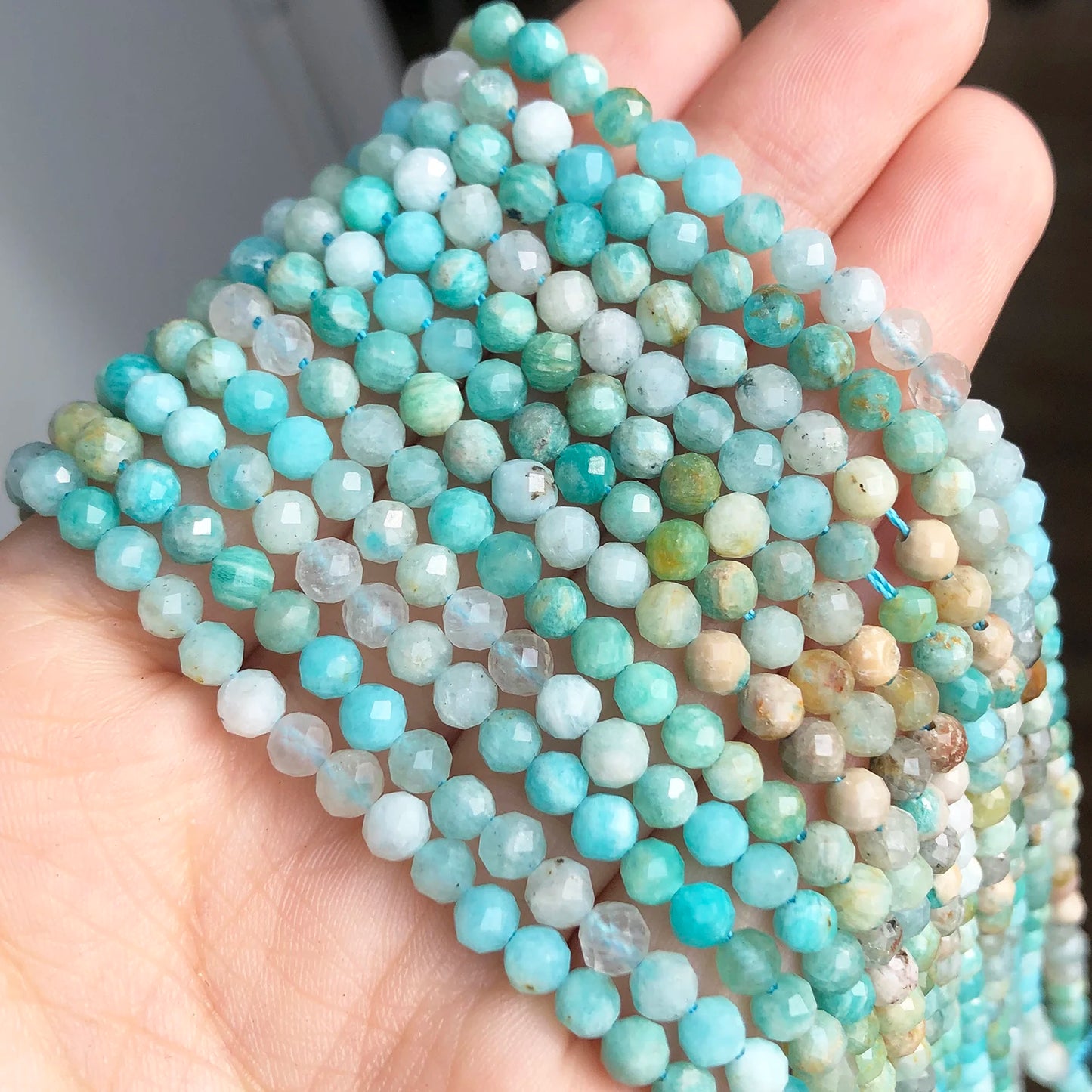 4mm Natural Gem Stone Faceted Blue Amazonite Loose Spacer Beads for Jewelry DIY Making Bracelet Earrings Accessories 15''Inches