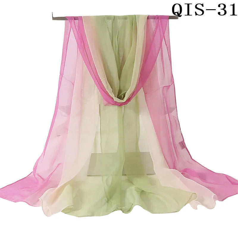 Women Foulard Gradient Solid Color Chiffon Georgette Scarf Bandana Elegant Long Shawl Hijab Summer Sun Protection