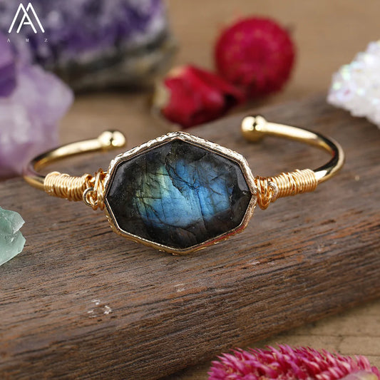 Flash Labradorite Stone Bracelet For Women Octagonal Stone Beads Cuff Bangle  Handmade Labradorite Jewelry Teen Gift Dropship