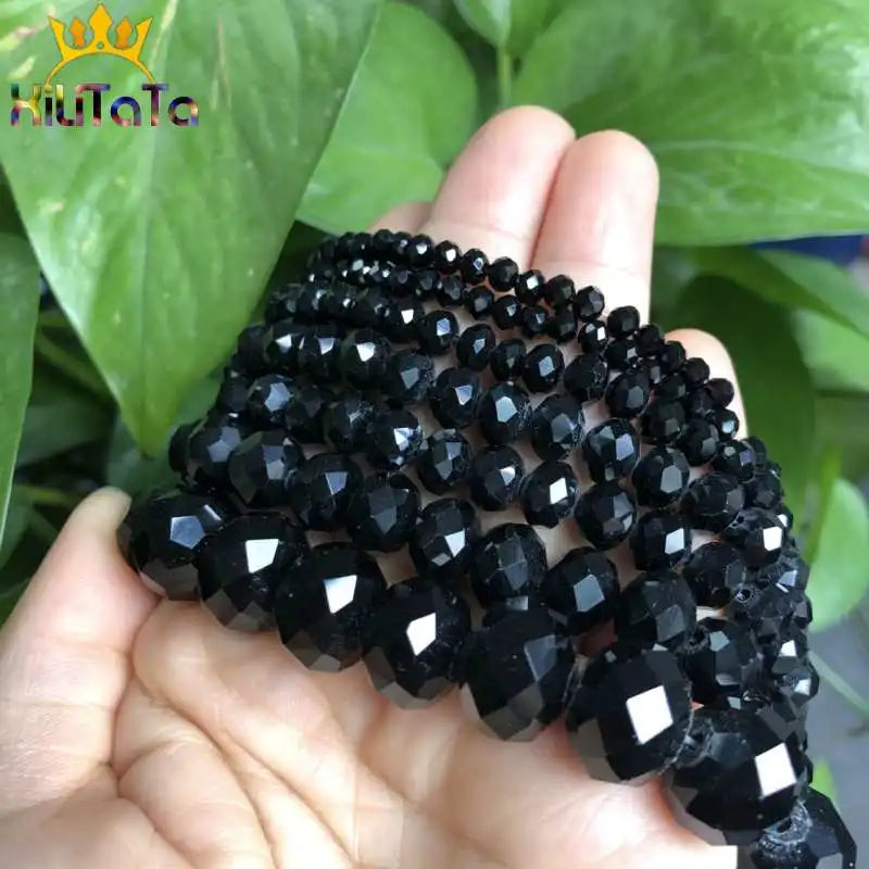 Faceted Black Glass Crystal Rondelle Beads Loose Spacer Beads For Jewelry Making DIY Bracelet Necklace Strands 4/6/8/10/12/14mm