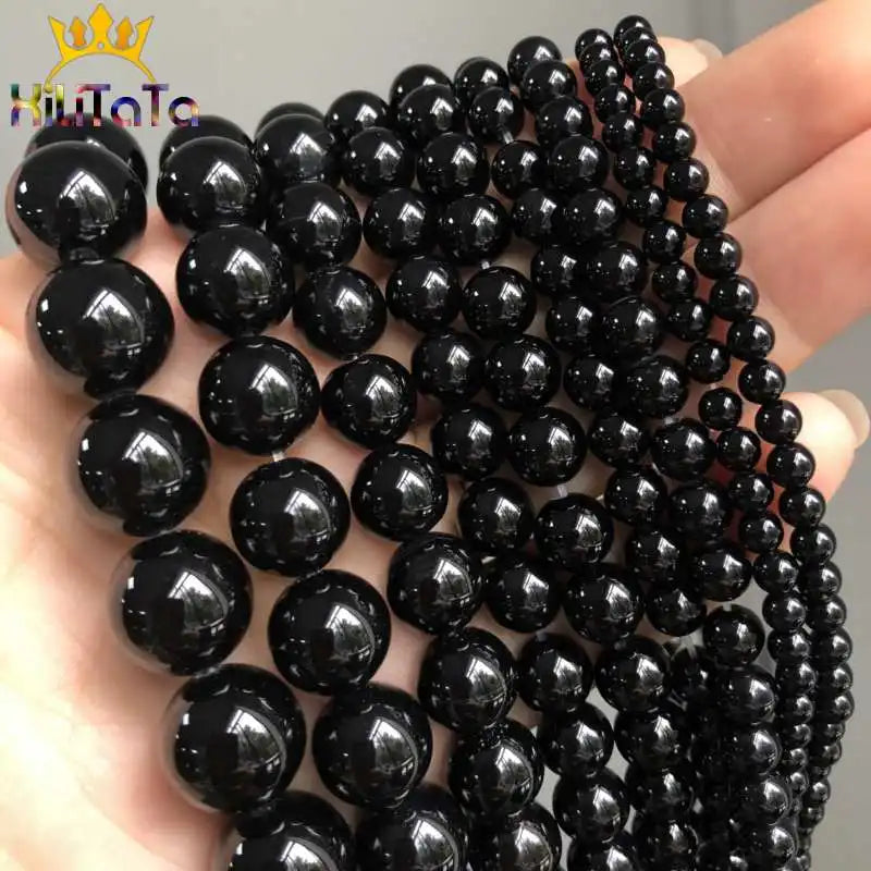 Natural Black Agates Onyx Stone Beads Smooth Round Loose Spacer Beads For Jewelry Making DIY Bracelets 15'' 4/6/8/10/12/14mm