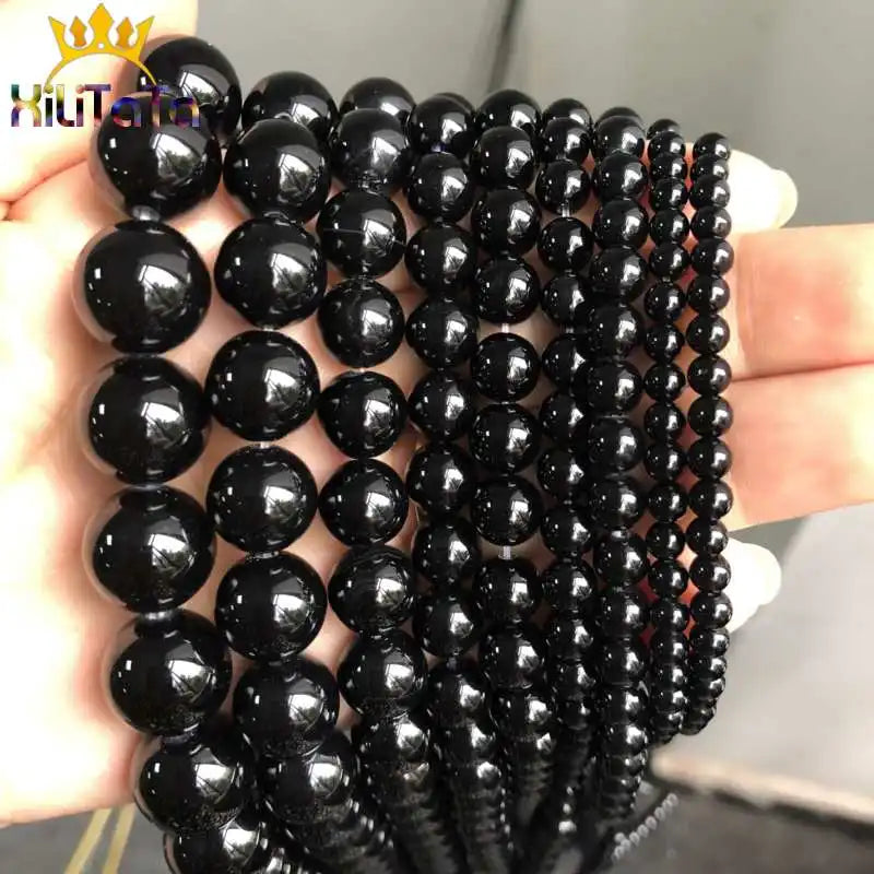 Natural Black Agates Onyx Stone Beads Smooth Round Loose Spacer Beads For Jewelry Making DIY Bracelets 15'' 4/6/8/10/12/14mm