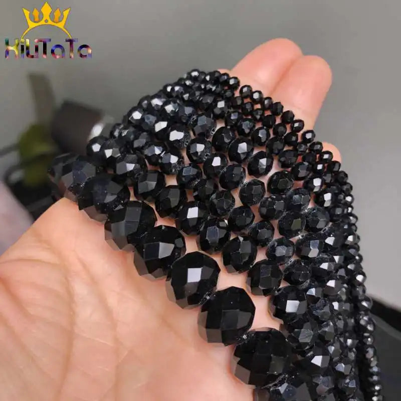 Faceted Black Glass Crystal Rondelle Beads Loose Spacer Beads For Jewelry Making DIY Bracelet Necklace Strands 4/6/8/10/12/14mm