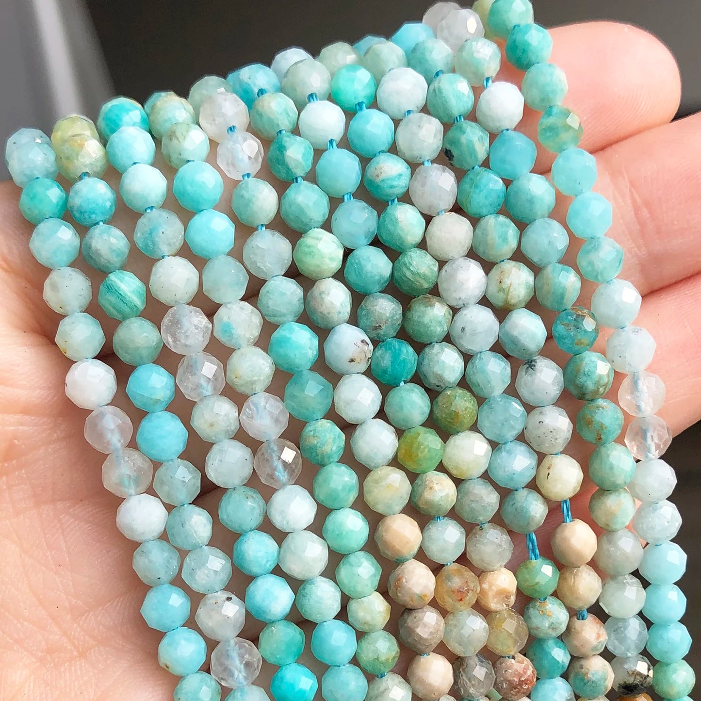 4mm Natural Gem Stone Faceted Blue Amazonite Loose Spacer Beads for Jewelry DIY Making Bracelet Earrings Accessories 15''Inches