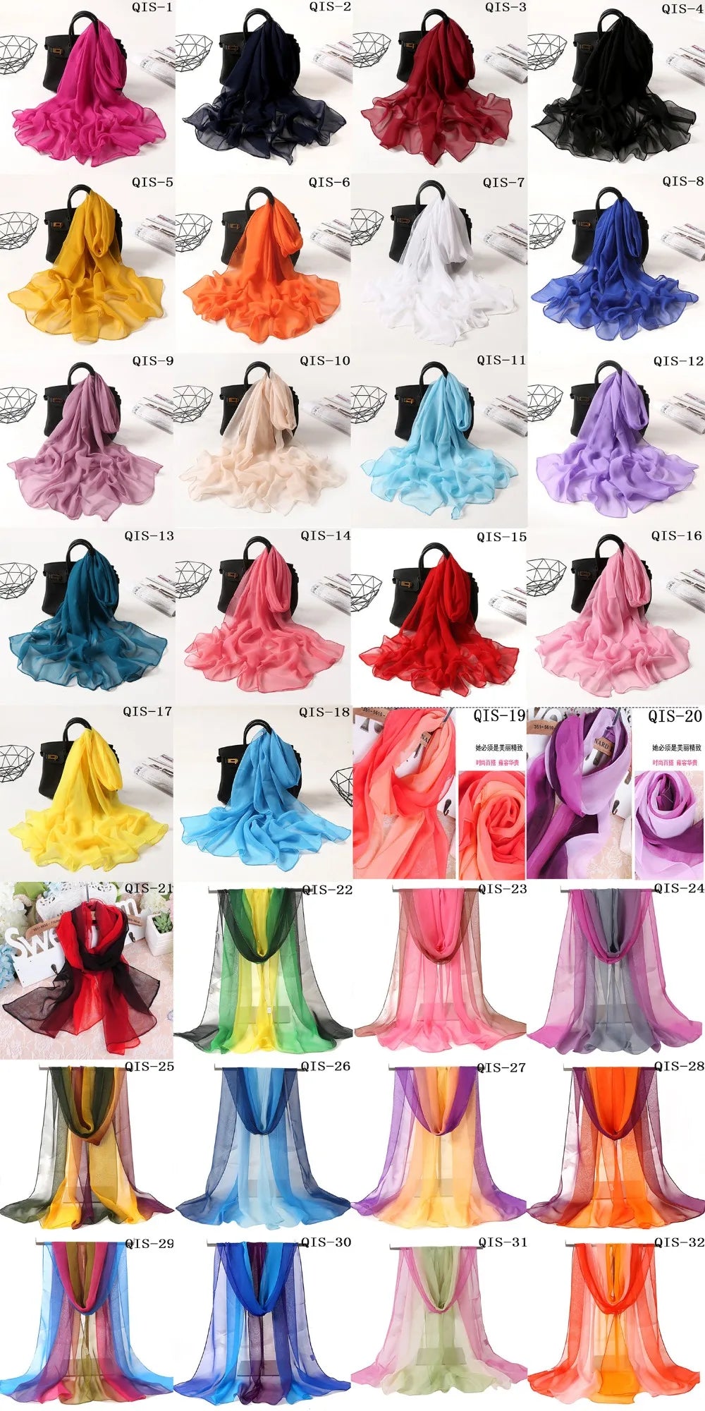 Women Foulard Gradient Solid Color Chiffon Georgette Scarf Bandana Elegant Long Shawl Hijab Summer Sun Protection