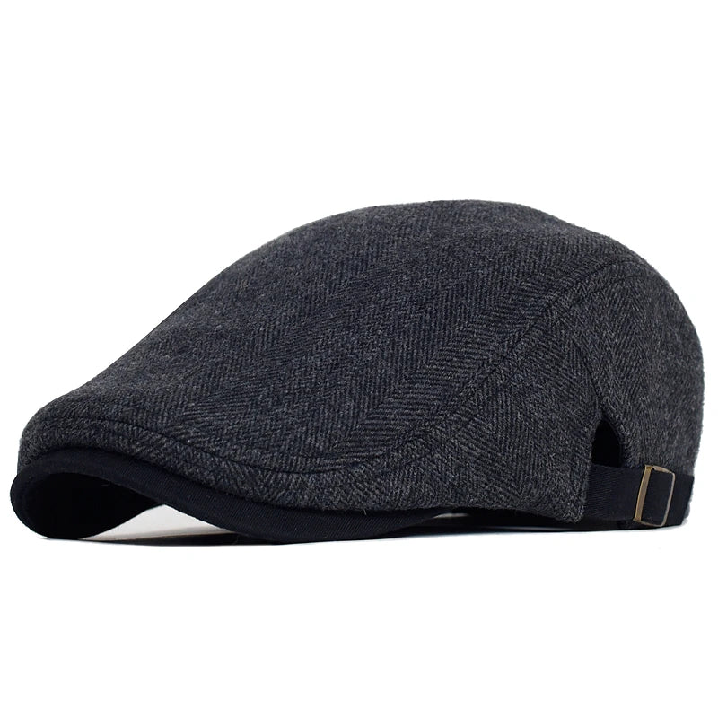 Big Size Newsboy Cap Men Winter Wool Thick Warm Vintage Herringbone Casual Stripe Berets Gatsby Flat Hat Peaked Cap Adjustable