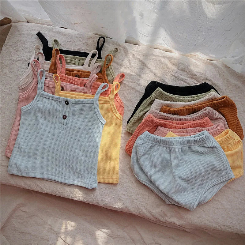 Summer Infant Baby Clothing Set Solid Waffle Boys Girls Vest and Bloomer 2 Pcs Toddler Outfit