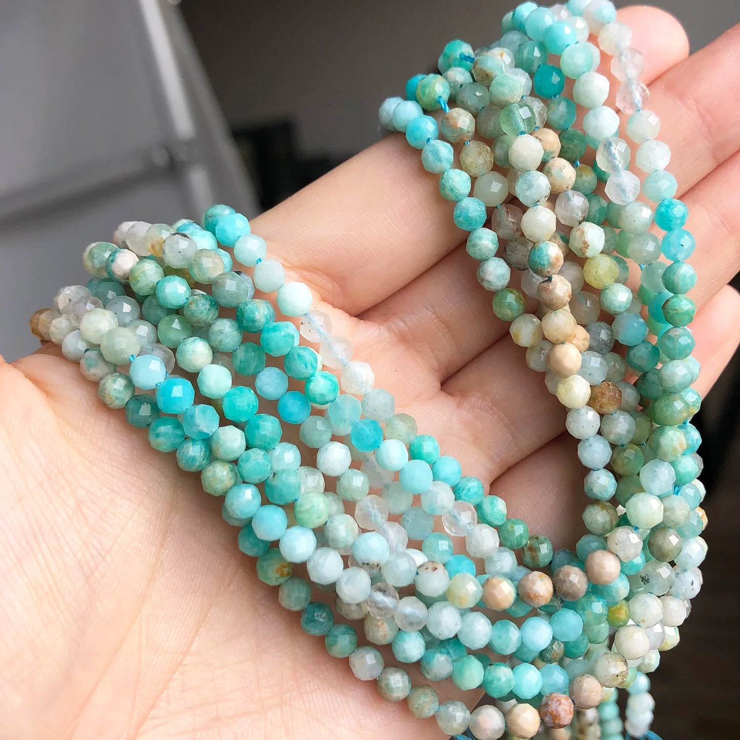 4mm Natural Gem Stone Faceted Blue Amazonite Loose Spacer Beads for Jewelry DIY Making Bracelet Earrings Accessories 15''Inches