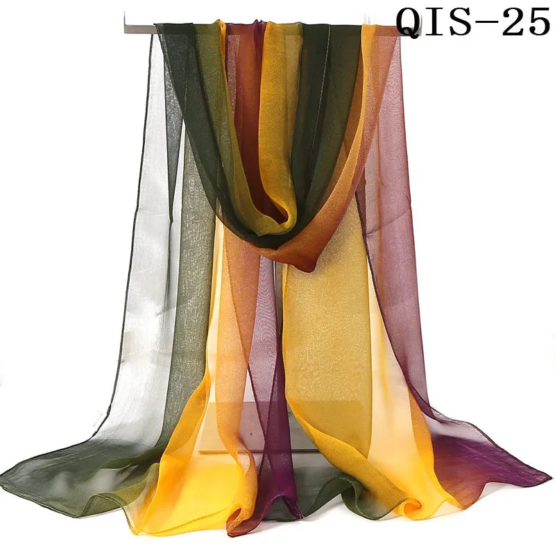 Women Foulard Gradient Solid Color Chiffon Georgette Scarf Bandana Elegant Long Shawl Hijab Summer Sun Protection