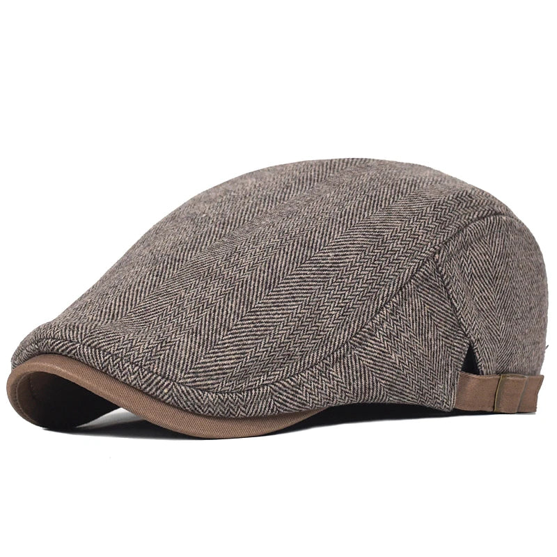 Big Size Newsboy Cap Men Winter Wool Thick Warm Vintage Herringbone Casual Stripe Berets Gatsby Flat Hat Peaked Cap Adjustable