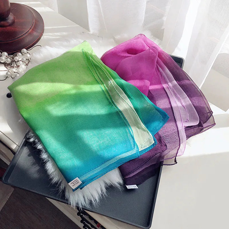 Women Foulard Gradient Solid Color Chiffon Georgette Scarf Bandana Elegant Long Shawl Hijab Summer Sun Protection