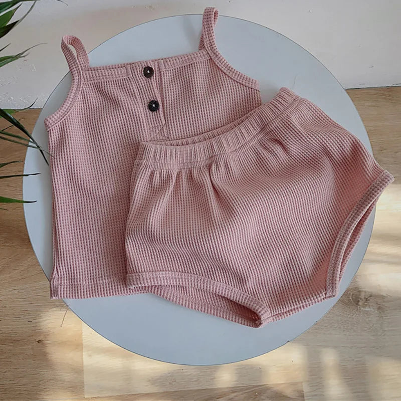 Summer Infant Baby Clothing Set Solid Waffle Boys Girls Vest and Bloomer 2 Pcs Toddler Outfit