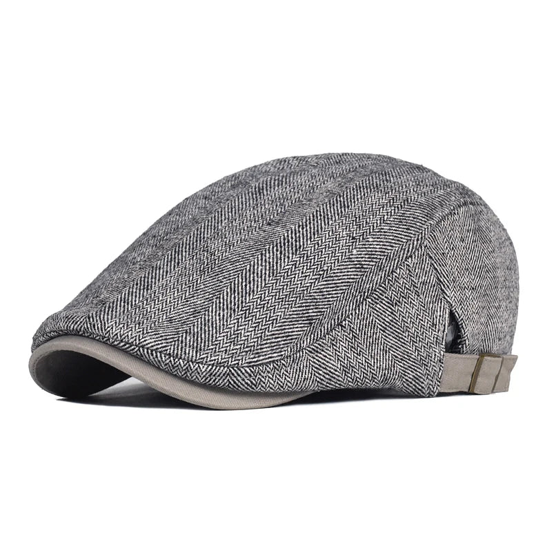 Big Size Newsboy Cap Men Winter Wool Thick Warm Vintage Herringbone Casual Stripe Berets Gatsby Flat Hat Peaked Cap Adjustable