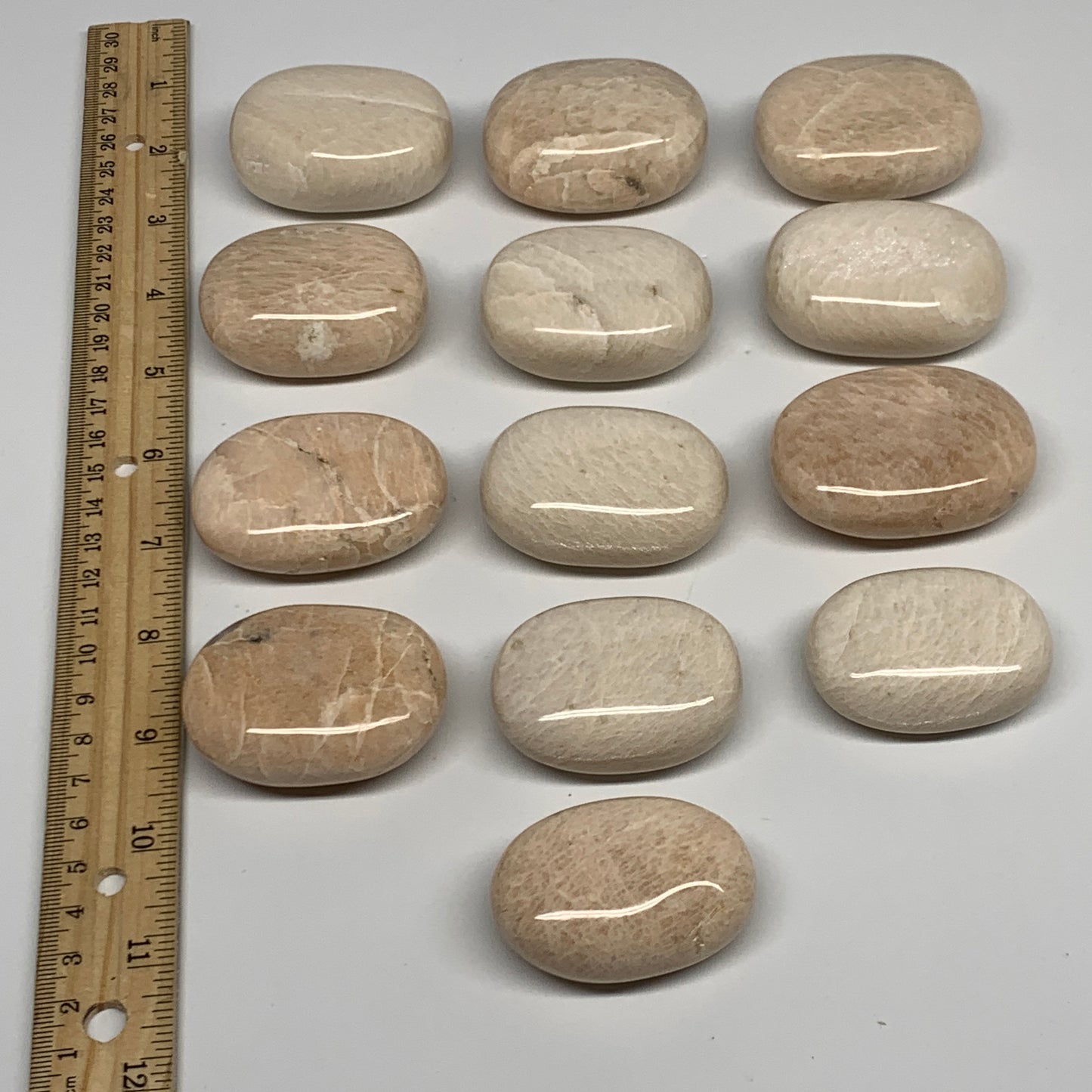 2.2 lbs (1013 Grams), 2"-2.3", 13pcs, Peach/White Moonstone Palm-Stone, B28000