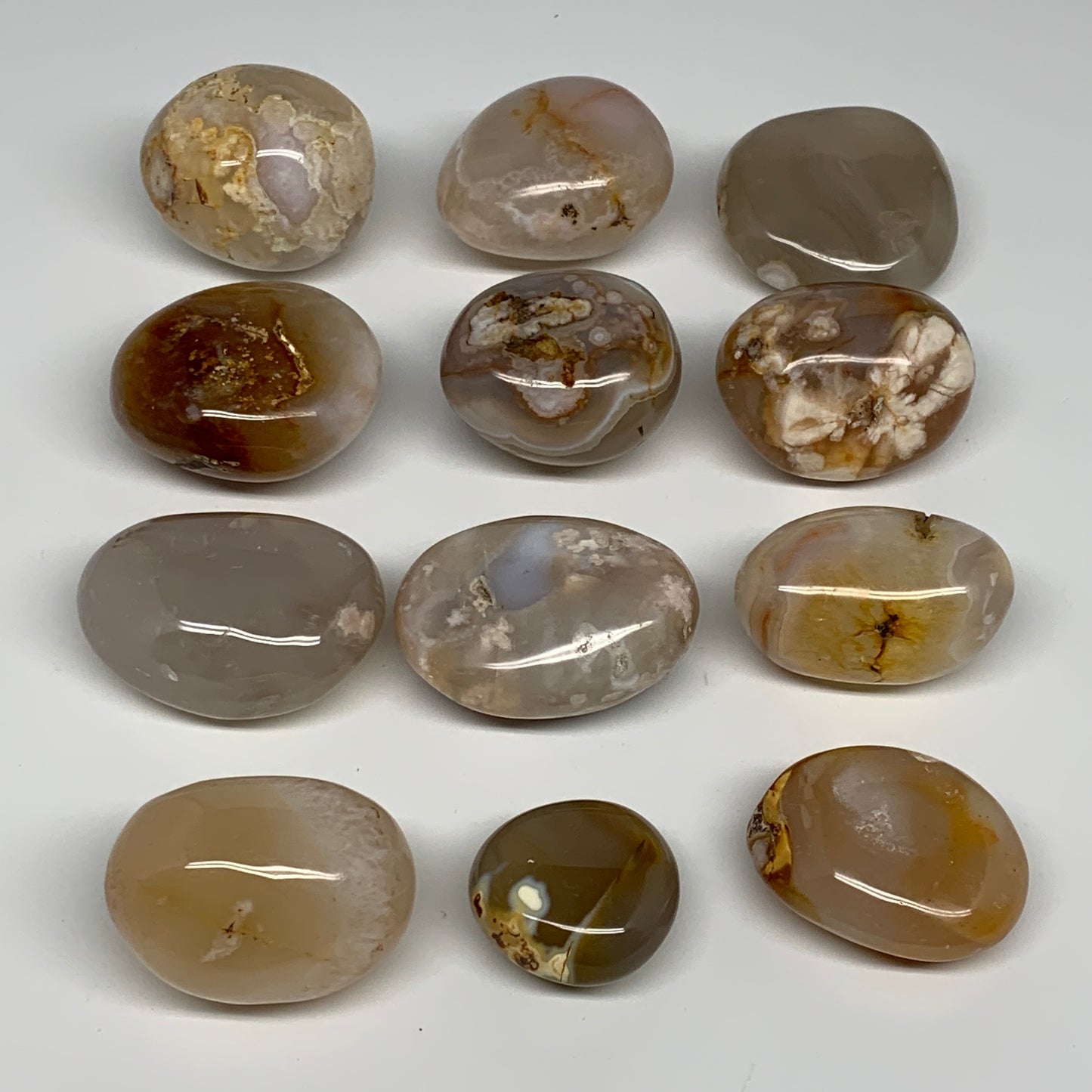 2.2 lbs (1000 Grams), 1.4"-2.2", 12pcs, Flower Agate Crystals Palm-Stone, B28095