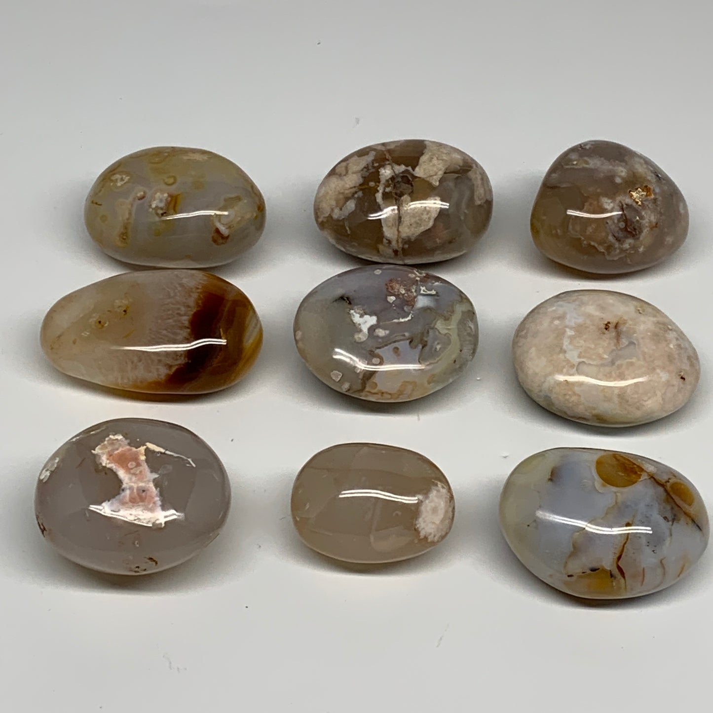 2.2 lbs (1000 Grams), 1.8"-2.6", 9pcs, Flower Agate Crystals Palm-Stone, B28096
