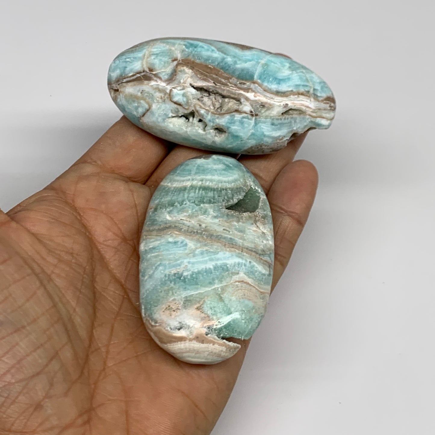 2.06 lbs, 2.4"-3", 11pcs, Blue Aragonite Calcite Palm-Stone Polished, B31611